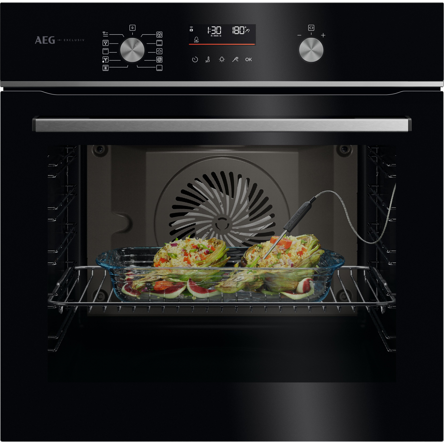 AEG GA5CB50FAB 59.5cm Built In Electric Single Oven - Gloss Black with Steel Trim full image