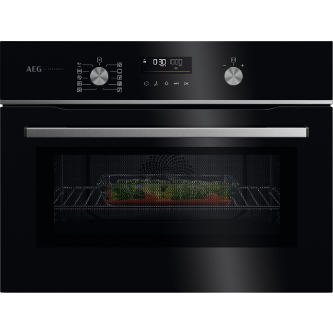AEG GK6NK40FB 59.5cm Compact Combi Microwave Oven - Gloss Black with Steel Trim