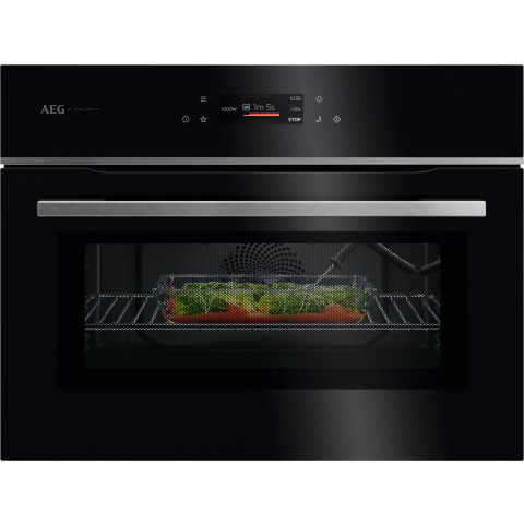 AEG GK7NK62FB 59.5cm Compact Combi Microwave Oven - Gloss Black with Steel Trim