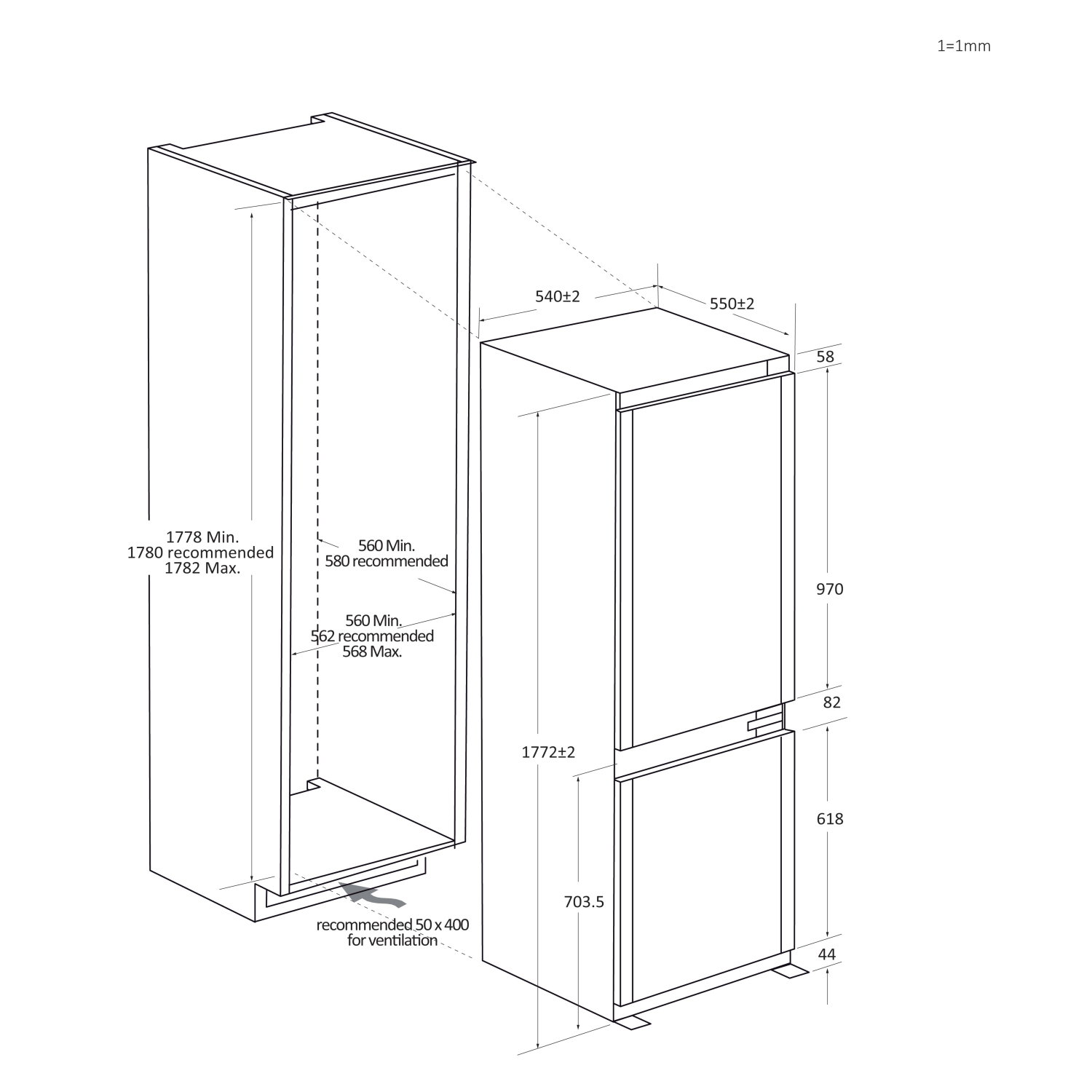 Haier HBW7518CTK Built In 70/30 Combi Fridge Freezer full image