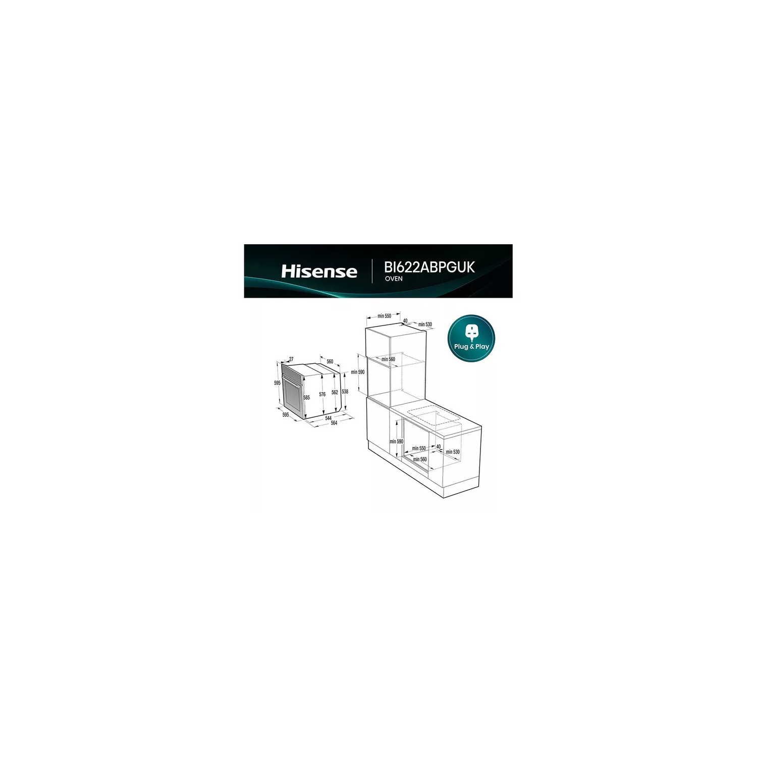 Hisense BI622ABPGUK  Built In Electric Single Steam, Plug & Play Oven - Jet Black full image