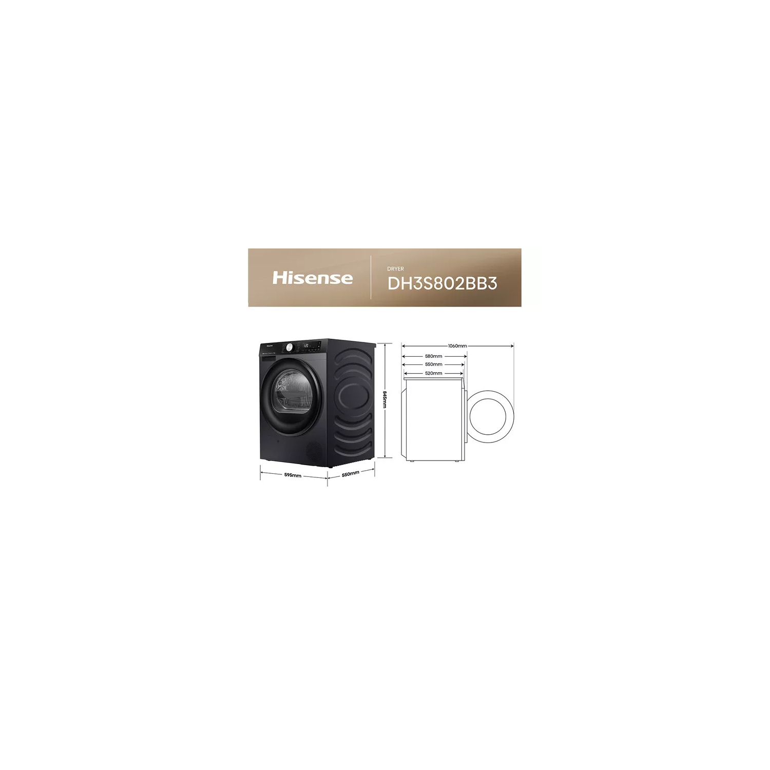 Hisense 3S Series DH3S802BB3 WiFi-enabled 8kg Heat Pump Tumble Dryer - Black full image