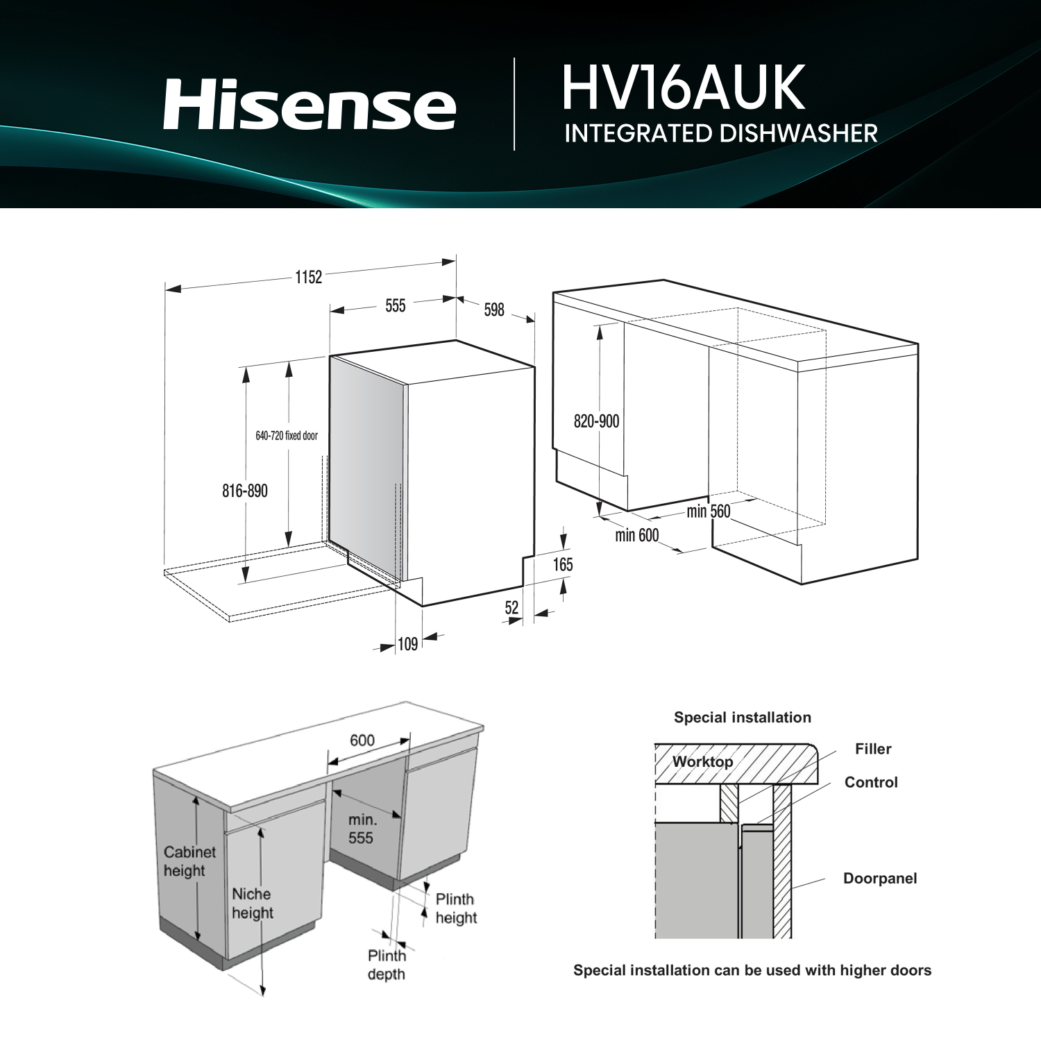 Hisense HV16AUK Full-Size Fully Integrated Dishwasher - 16 Place Settings full image