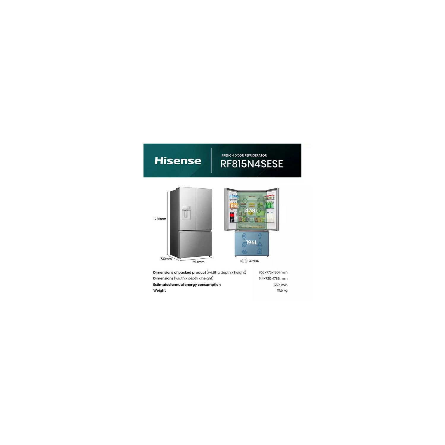 Hisense RF815N4SESE Total No Frost Plumbed American Fridge Freezer - Silver full image