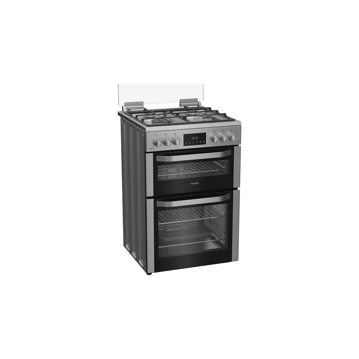 Hotpoint HDG6GDCWX 60cm Gas Double Oven Cooker with Glass Lid - Stainless Steel Finish full image