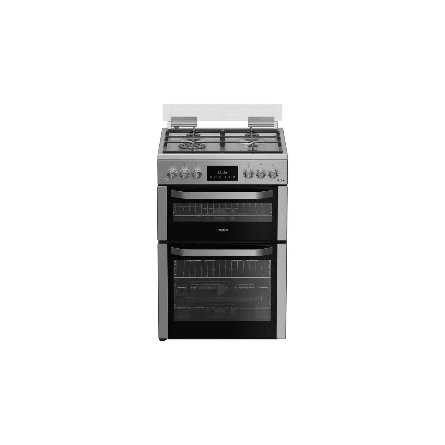 Hotpoint HDG6GDCWX 60cm Gas Double Oven Cooker with Glass Lid - Stainless Steel Finish full image