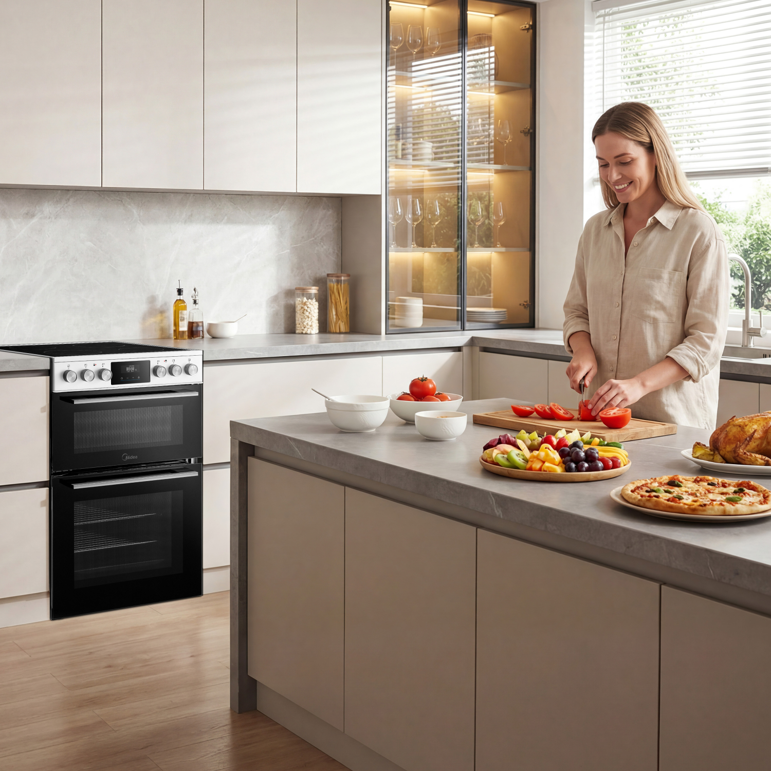 Midea MFO24EME4R118-WH 60cm Double Oven Cooker with Ceramic Hob - White full image