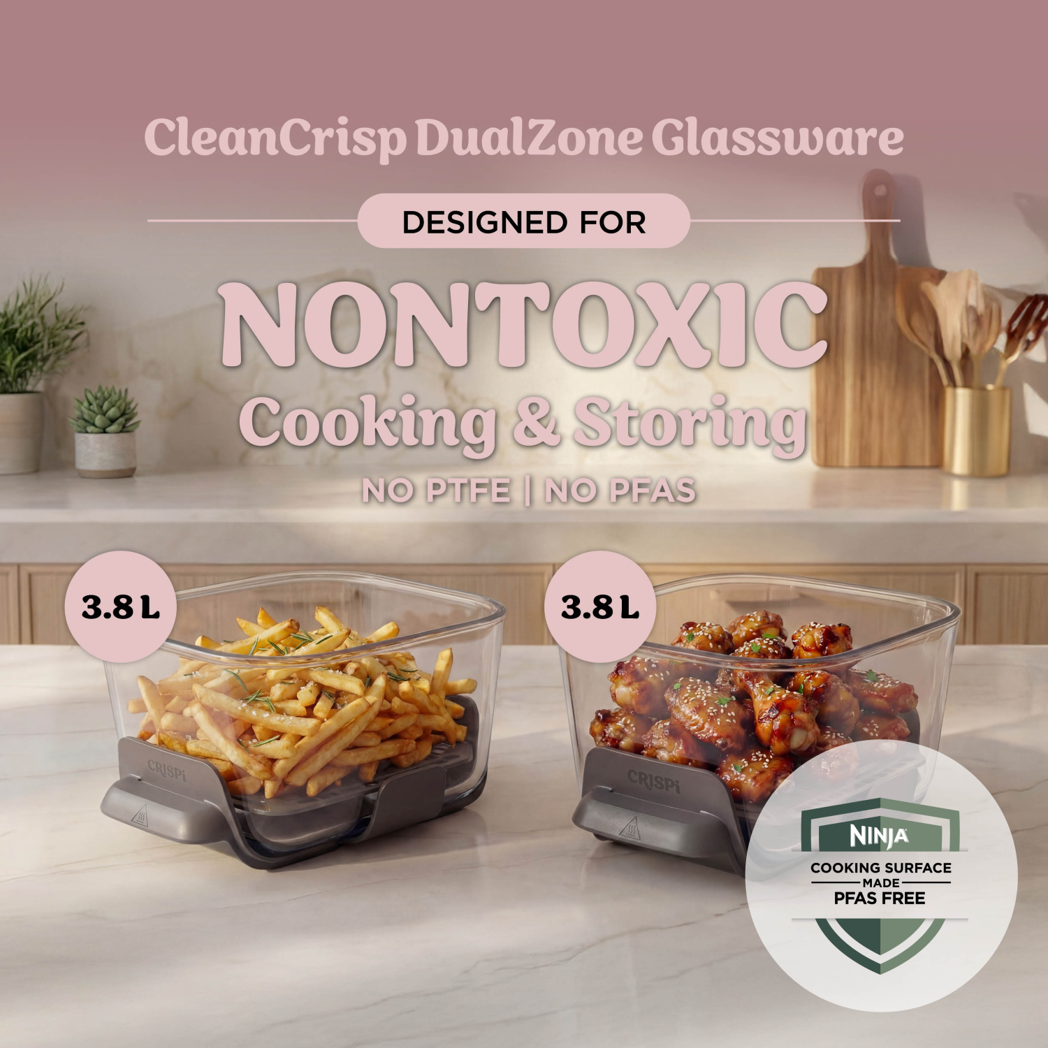 Ninja DD102UKPK1 Dual Zone 8-in-1 Function Glass Air Fryer - Rose Quartz full image