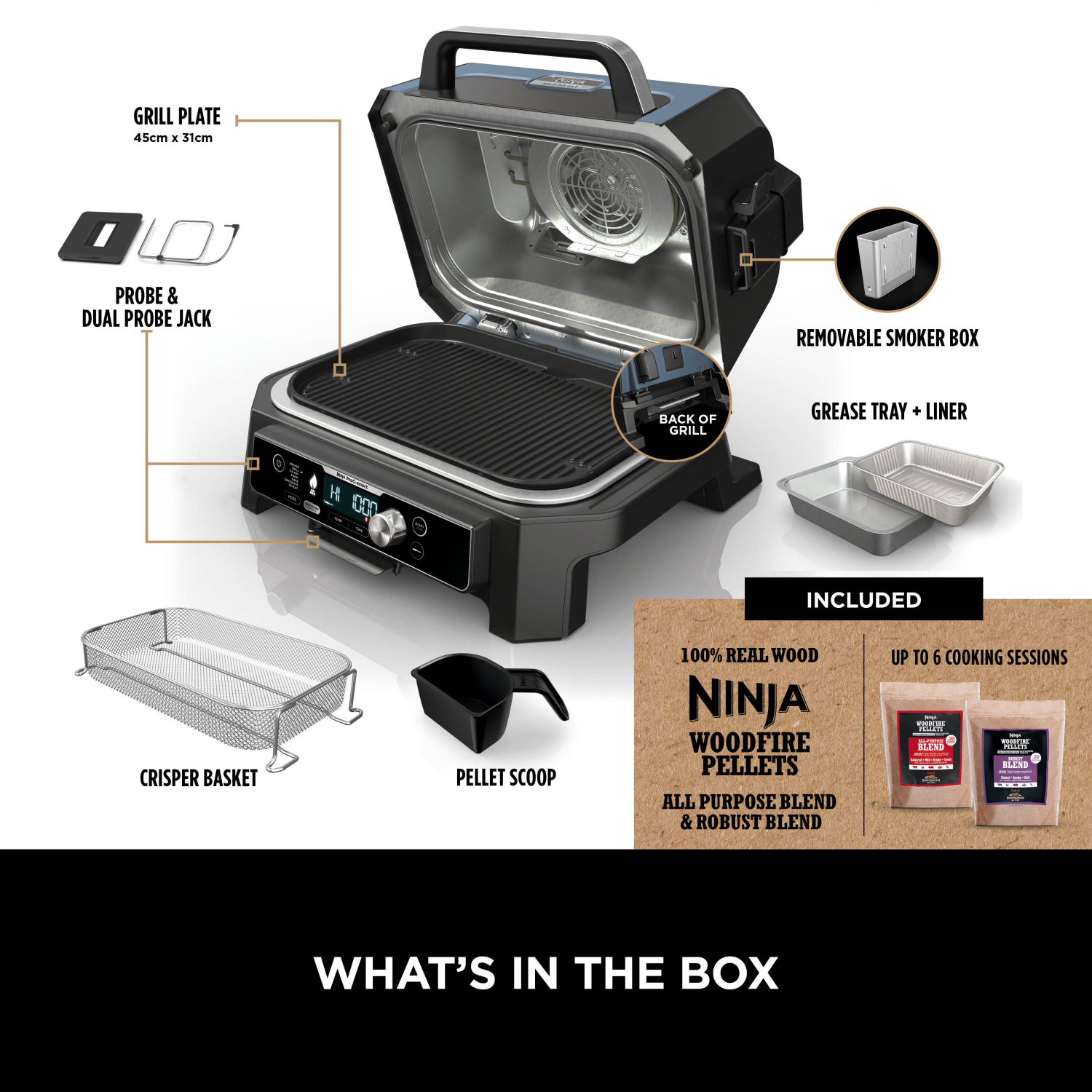 Ninja OG901UKCOVKIT Electric BBQ Grill & Smoker with Cover and Woodfire Pellets  - Black/Blue full image