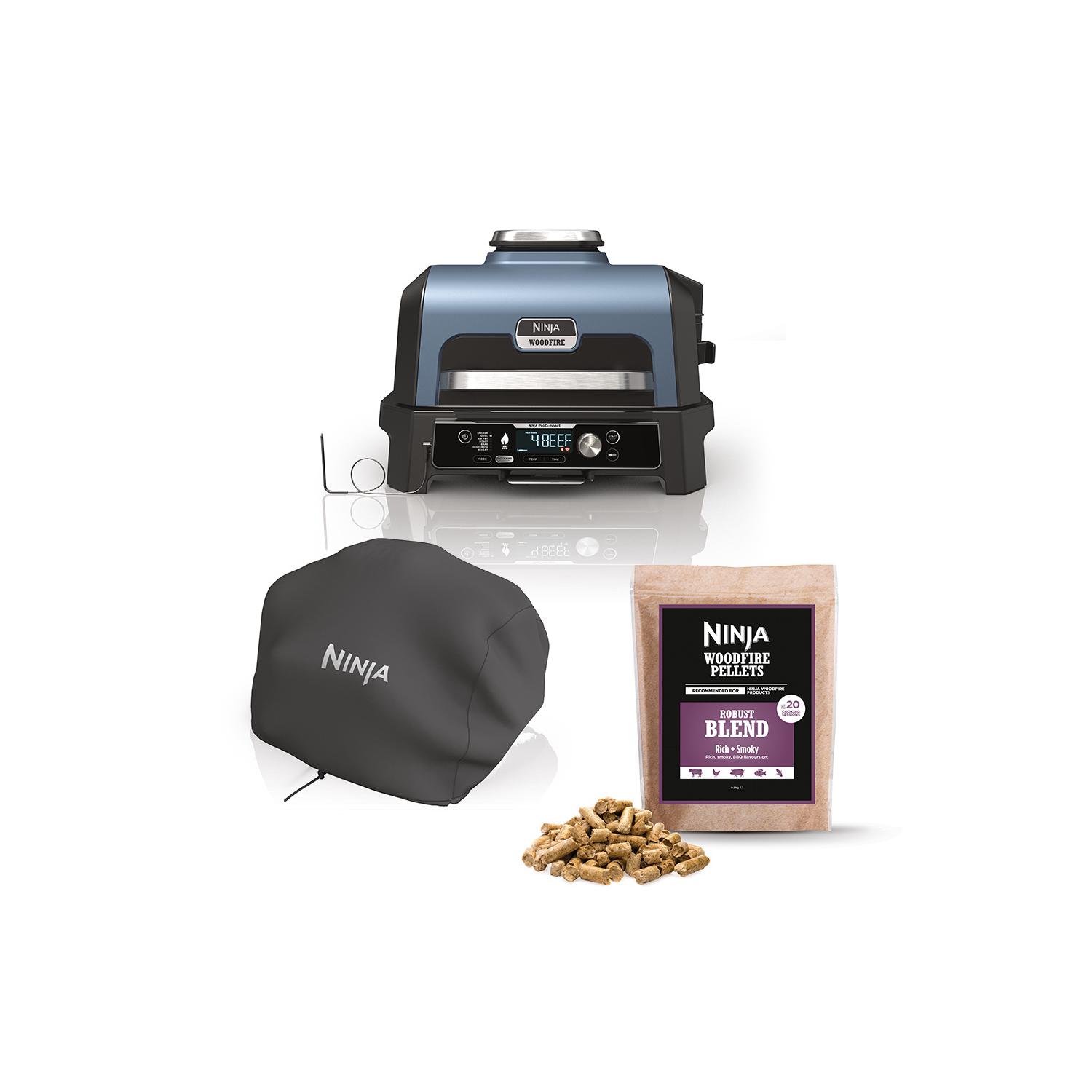 Ninja OG901UKCOVKIT Electric BBQ Grill & Smoker with Cover and Woodfire Pellets  - Black/Blue full image