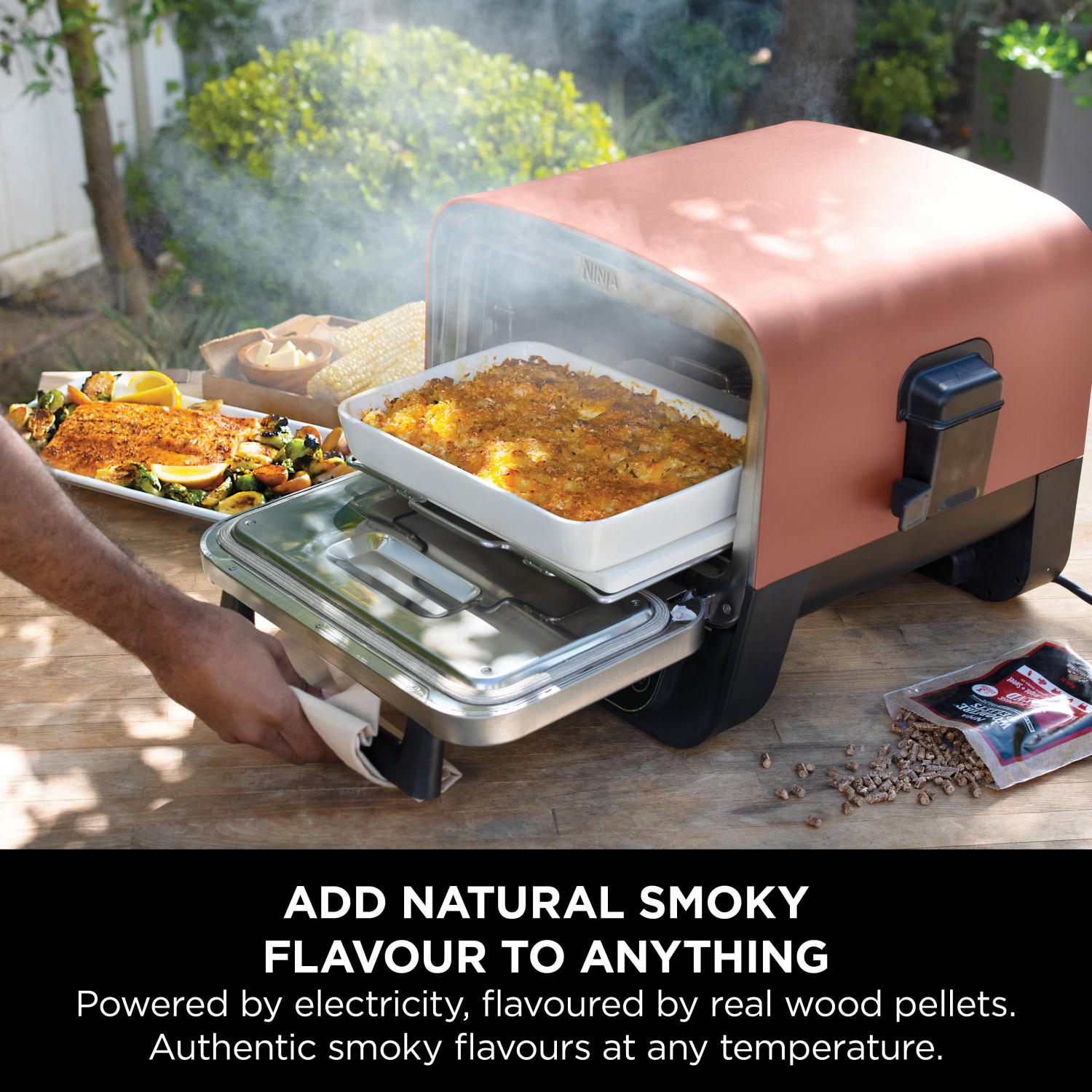 Ninja OO101UK Ninja Woodfire Outdoor Oven- Artisan Pizza Maker and BBQ Smoker - Terracotta/Steel full image