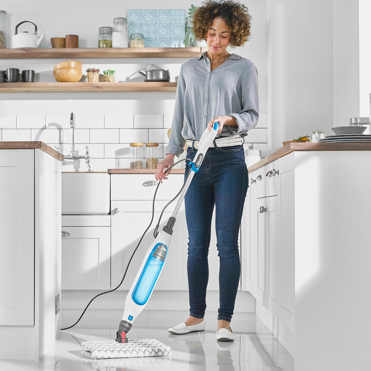 Shark S6001UK Klik n'Flip Manual Steam Pocket Mop - White/Blue Bird Blue full image