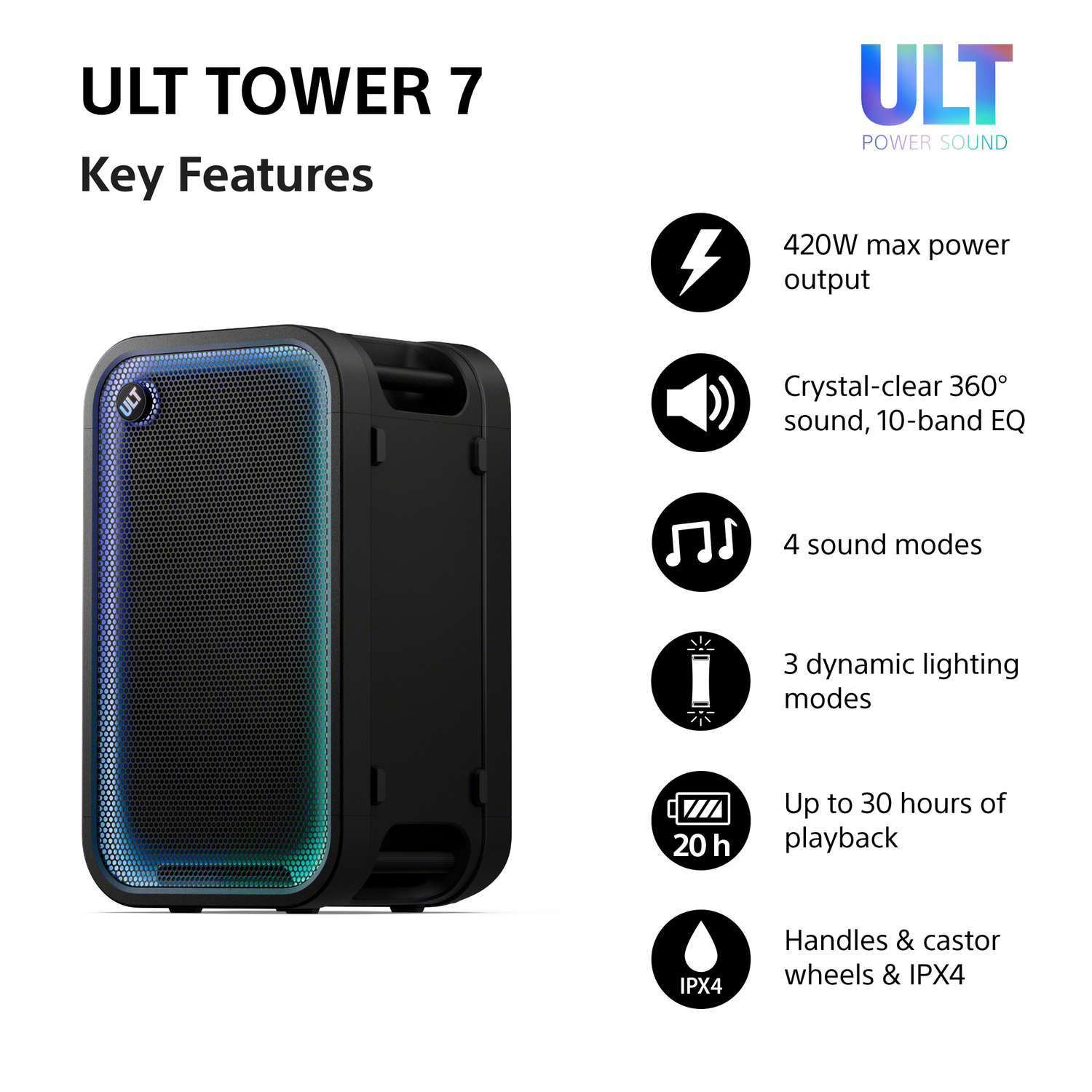 Sony SRSULT700.CEL Wireless ULT Tower 7 Deep Bass Party Speaker with 360 Party sound & DJ Input - Black full image