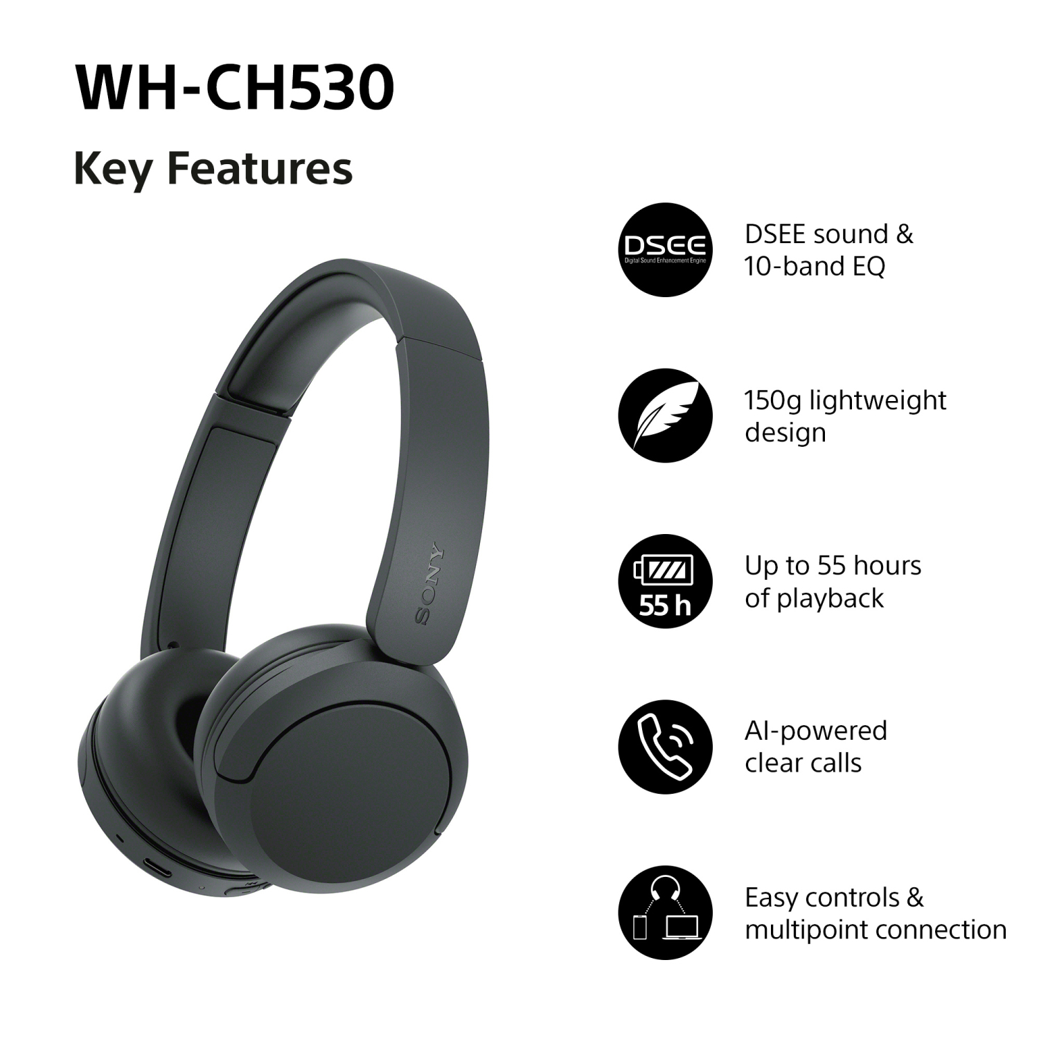 Sony WHCH530B.CE7 Wireless Over ear headphones - Black full image