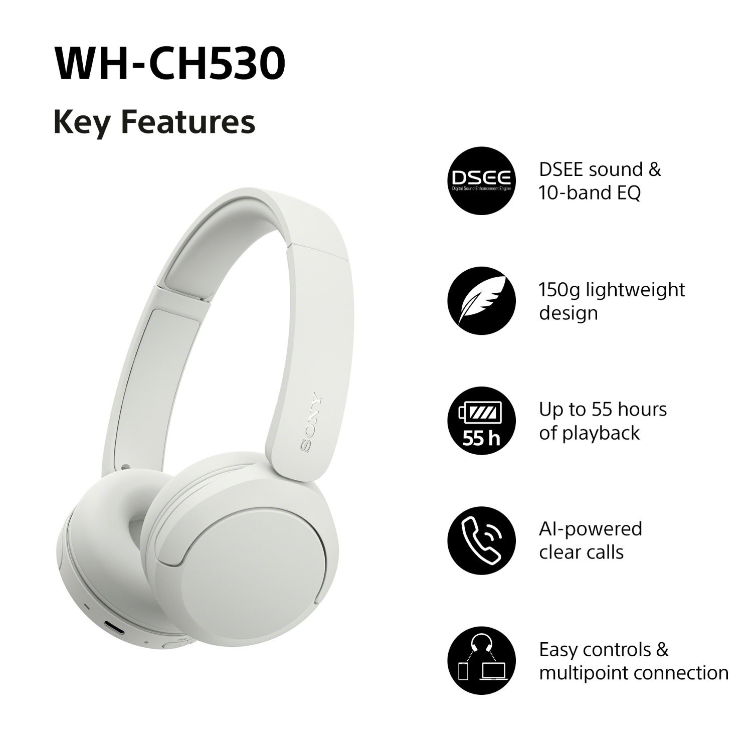 Sony WHCH530W.CE7 Wireless Over ear headphones - White full image