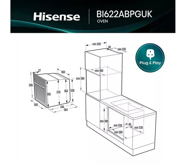 Hisense BI622ABPGUK  Built In Electric Single Steam, Plug & Play Oven - Jet Black thumbnail image