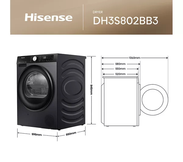 Hisense 3S Series DH3S802BB3 WiFi-enabled 8kg Heat Pump Tumble Dryer - Black thumbnail image