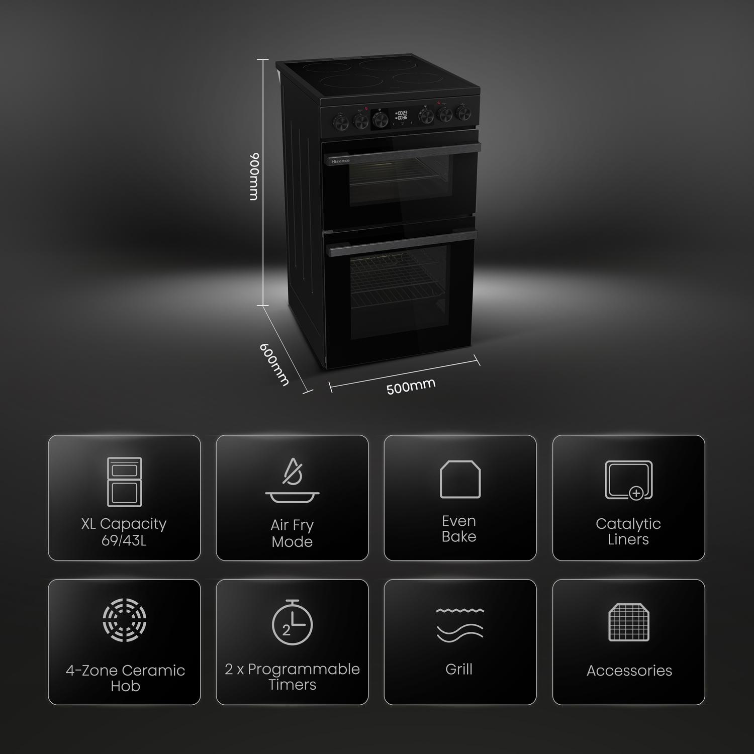Hisense HDCEC5C10B 50cm Double Oven Electric Cooker with Ceramic Hob - Black thumbnail image