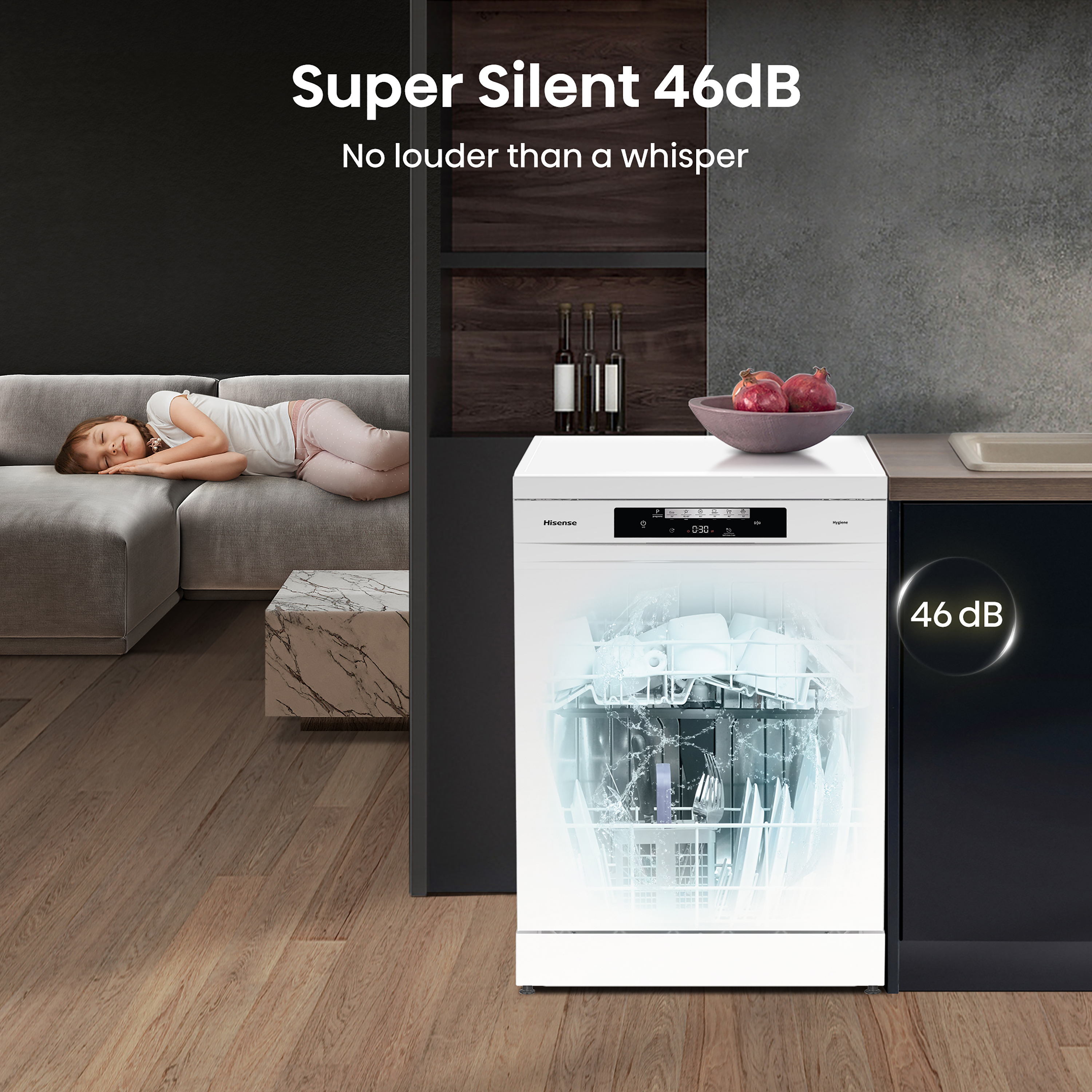Hisense HS642D90WUK Full-Size Dishwasher - White - 14 Place Settings thumbnail image