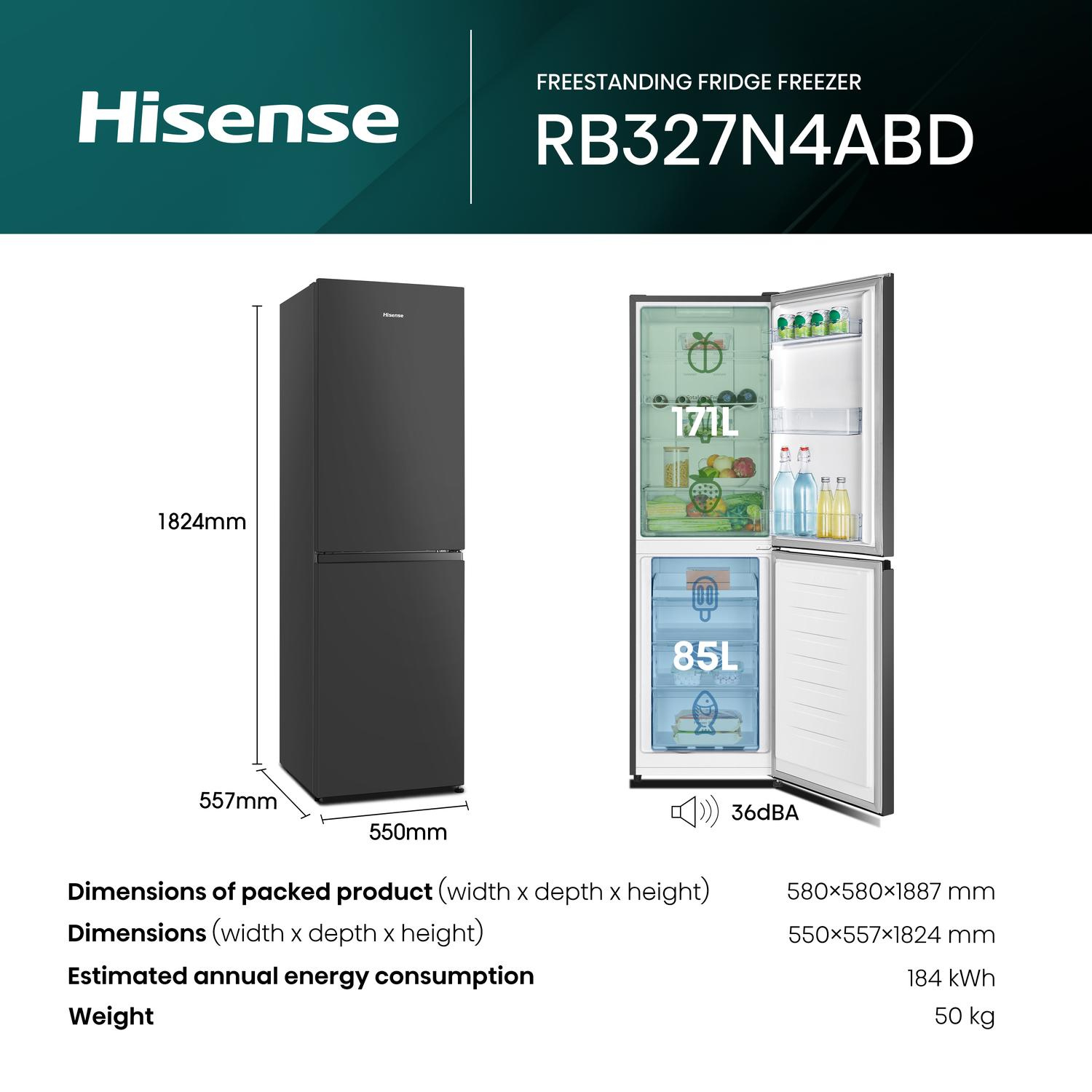 Hisense RB327N4ABD 55cm 50/50 Frost Free Fridge Freezer - Black thumbnail image