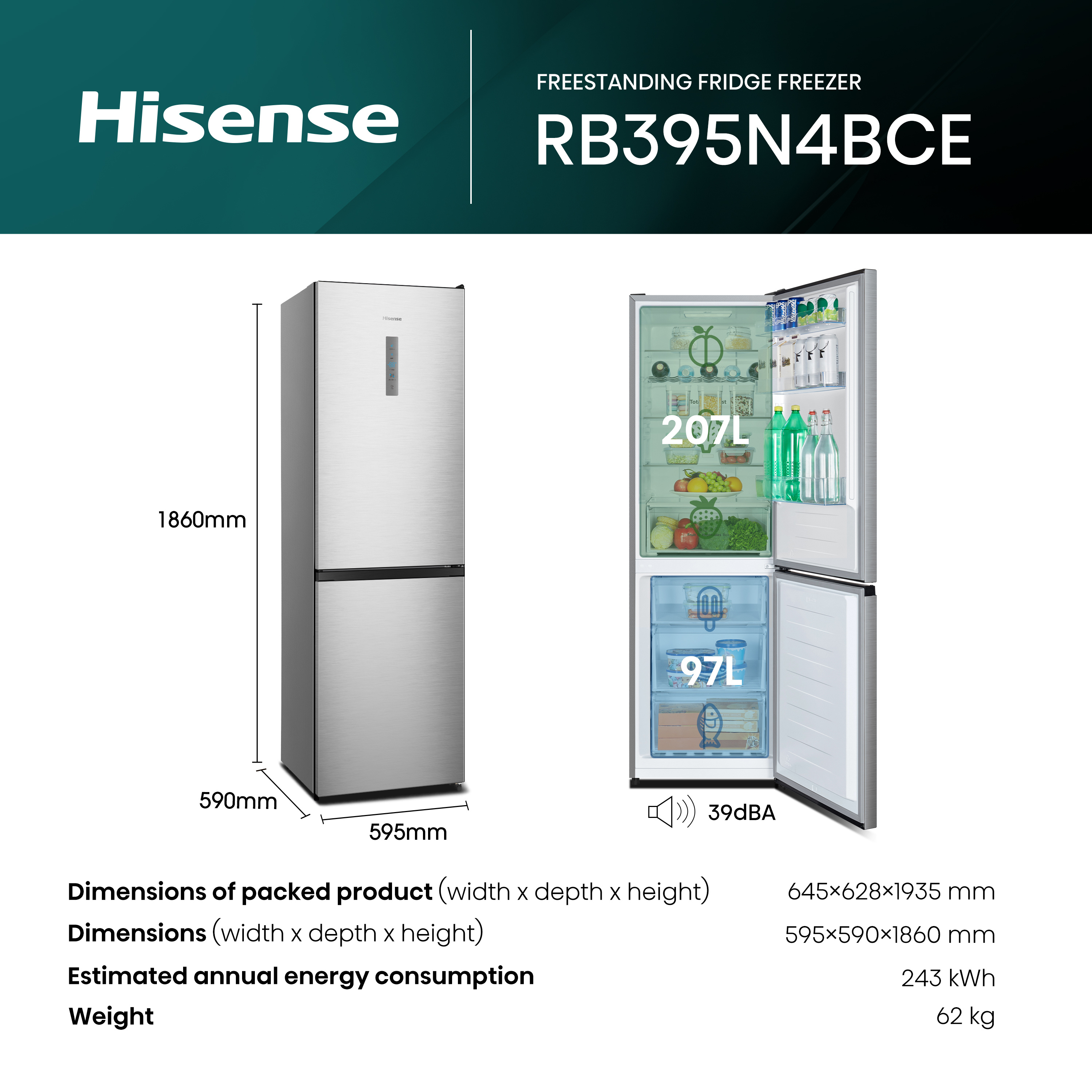 Hisense RB395N4BCE 60/40 Total No Frost Fridge Freezer - Stainless Steel  thumbnail image