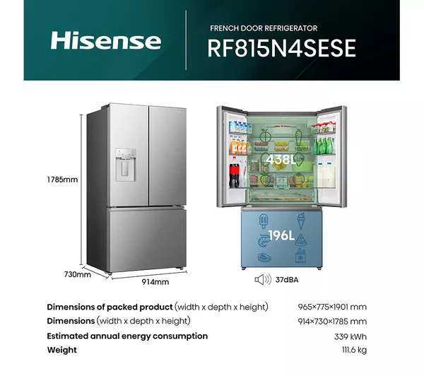 Hisense RF815N4SESE Total No Frost Plumbed American Fridge Freezer - Silver thumbnail image