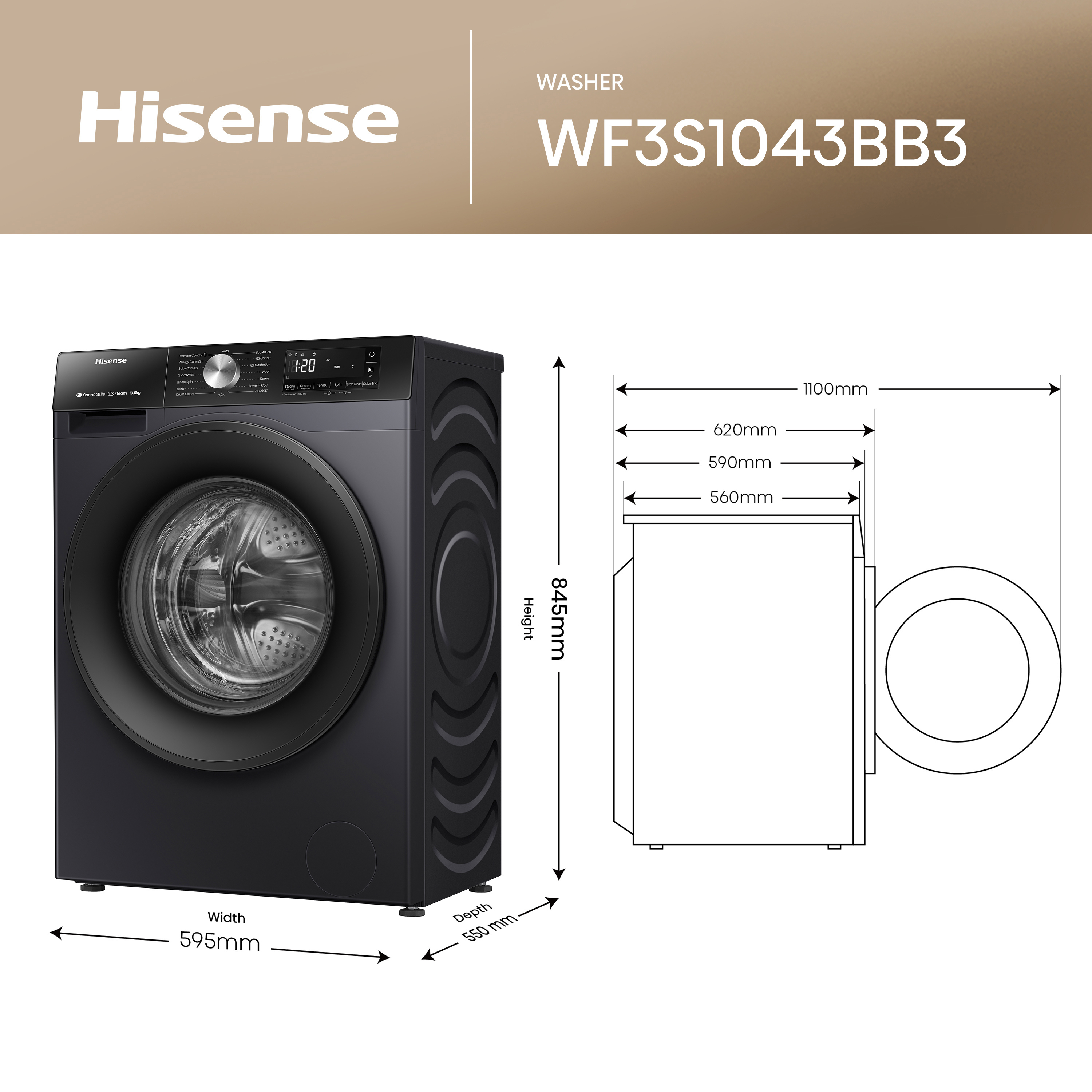 Hisense WF3S1043BB3 10.5kg 1400 Spin Steam Washing Machine - Black thumbnail image
