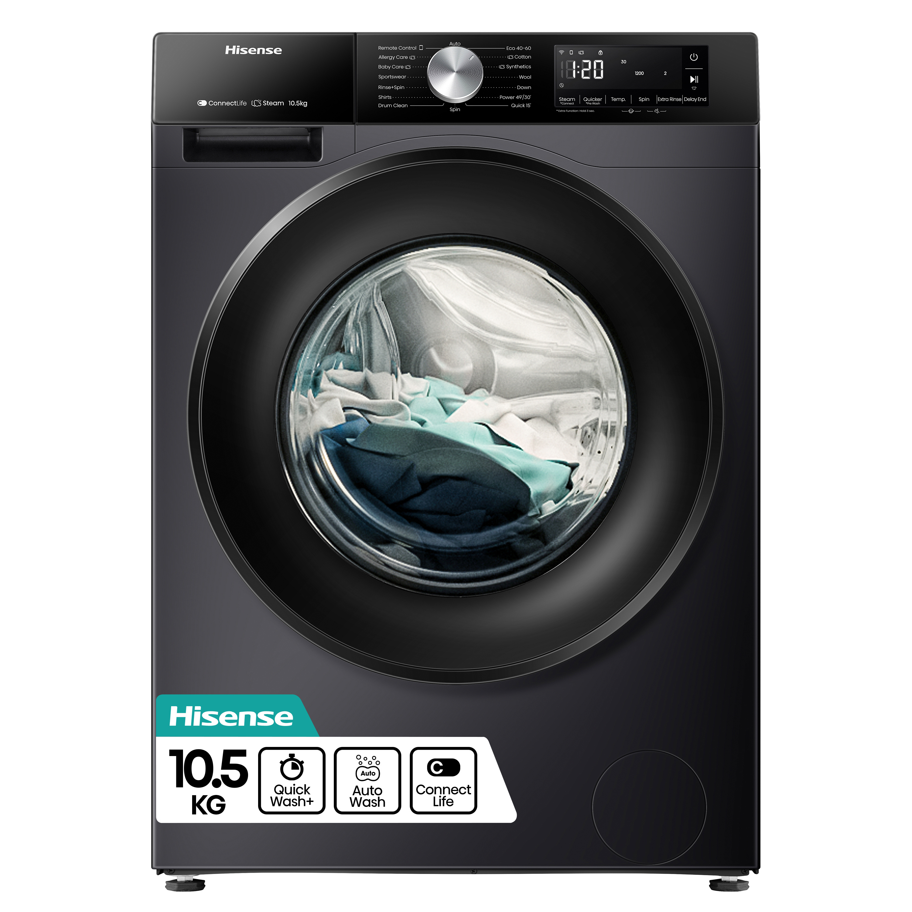 Hisense WF3S1043BB3 10.5kg 1400 Spin Steam Washing Machine - Black thumbnail image
