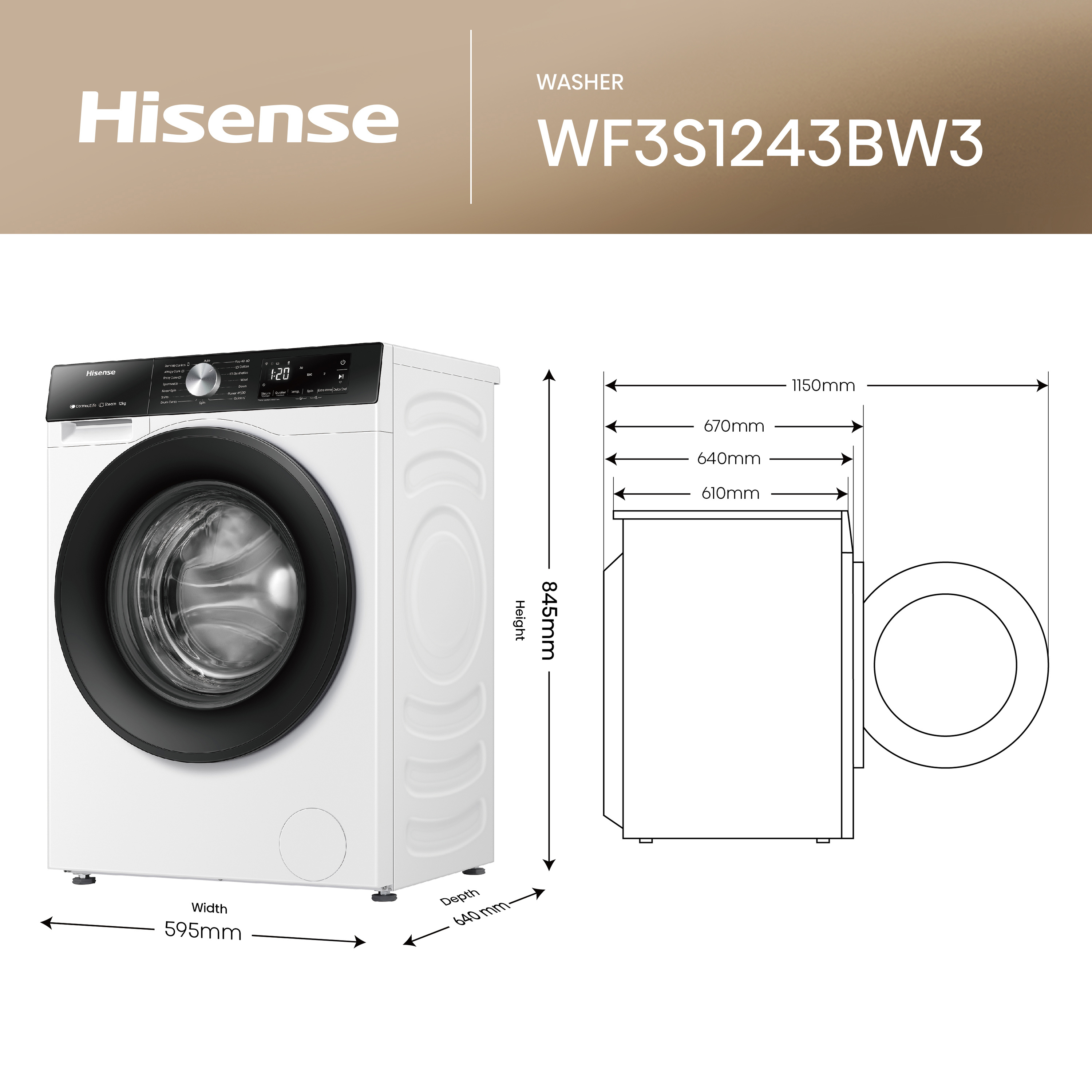 Hisense WF3S1243BW3 12kg 1400 Spin, Steam Washing Machine - White thumbnail image