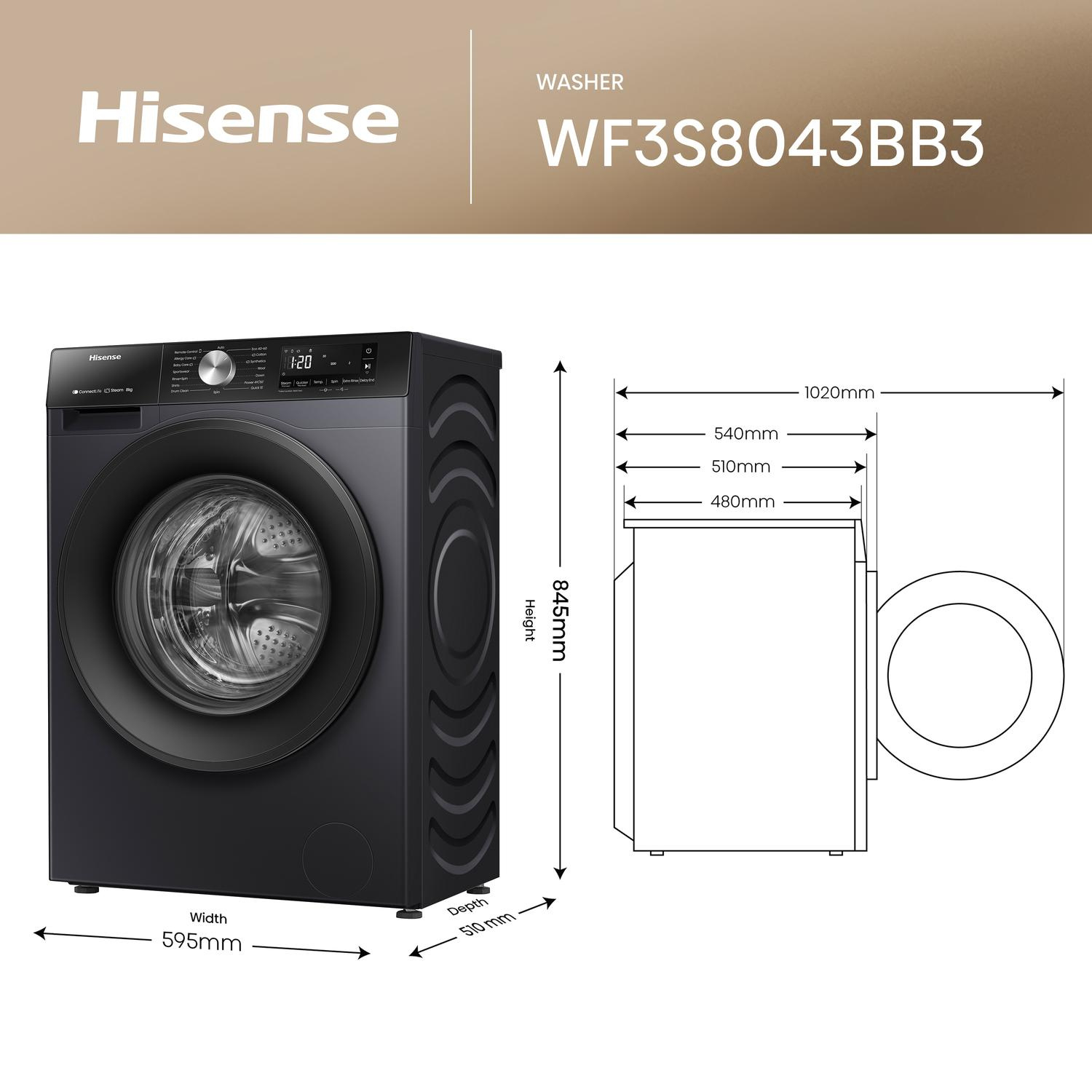 Hisense WF3S8043BB3 8kg 1400 Spin Washing Machine - Black thumbnail image