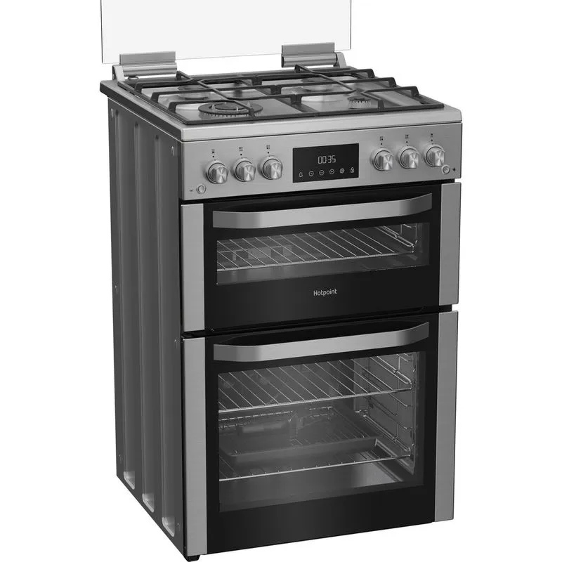 Hotpoint HDG6GDCWX 60cm Gas Double Oven Cooker with Glass Lid - Stainless Steel Finish thumbnail image