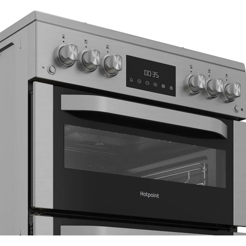 Hotpoint HDG6GDCWX 60cm Gas Double Oven Cooker with Glass Lid - Stainless Steel Finish thumbnail image
