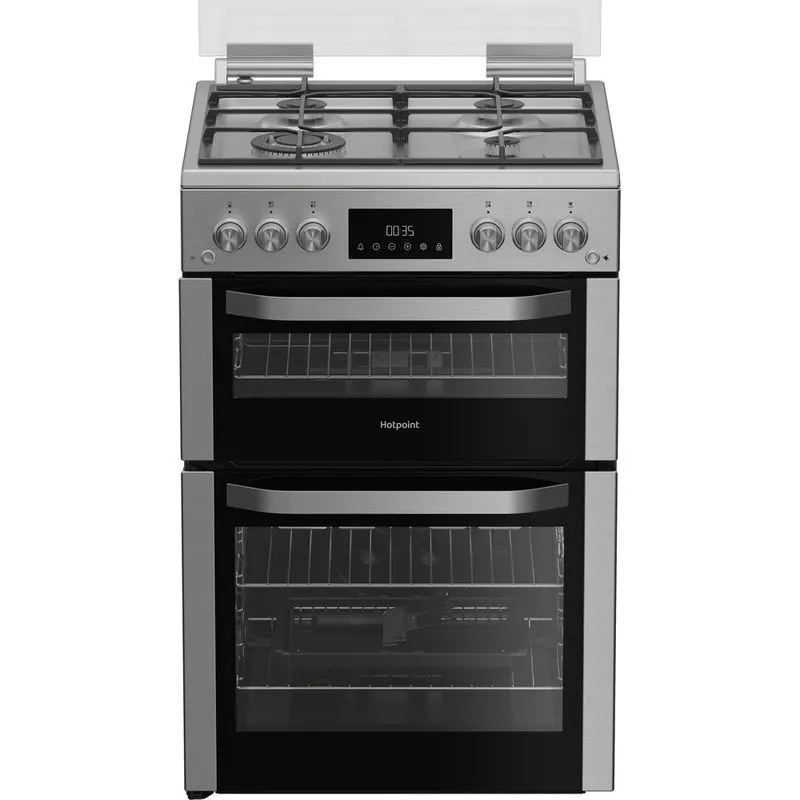 Hotpoint HDG6GDCWX 60cm Gas Double Oven Cooker with Glass Lid - Stainless Steel Finish thumbnail image