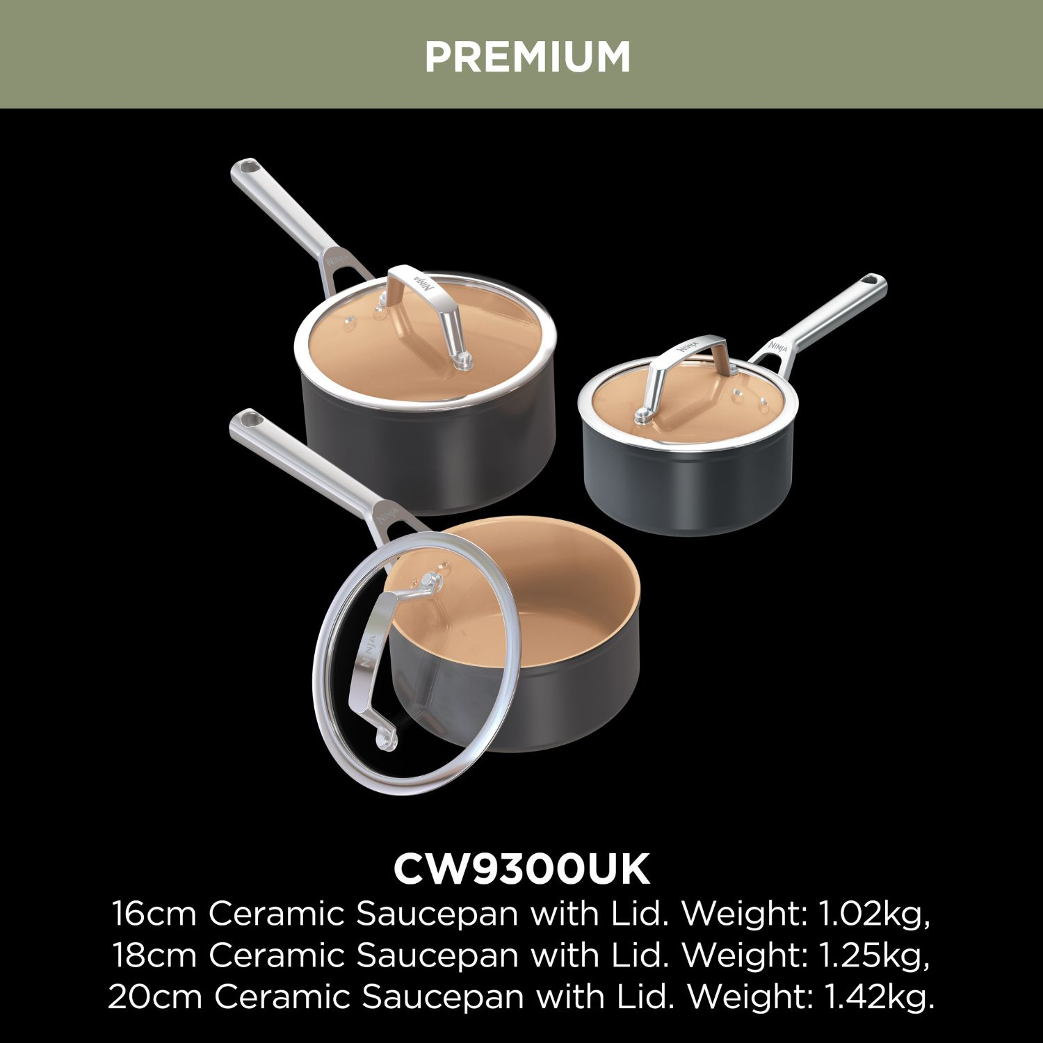 Ninja CW93000UK Ceramic Coated 3-Piece Saucepan Set - Apricot & Grey thumbnail image
