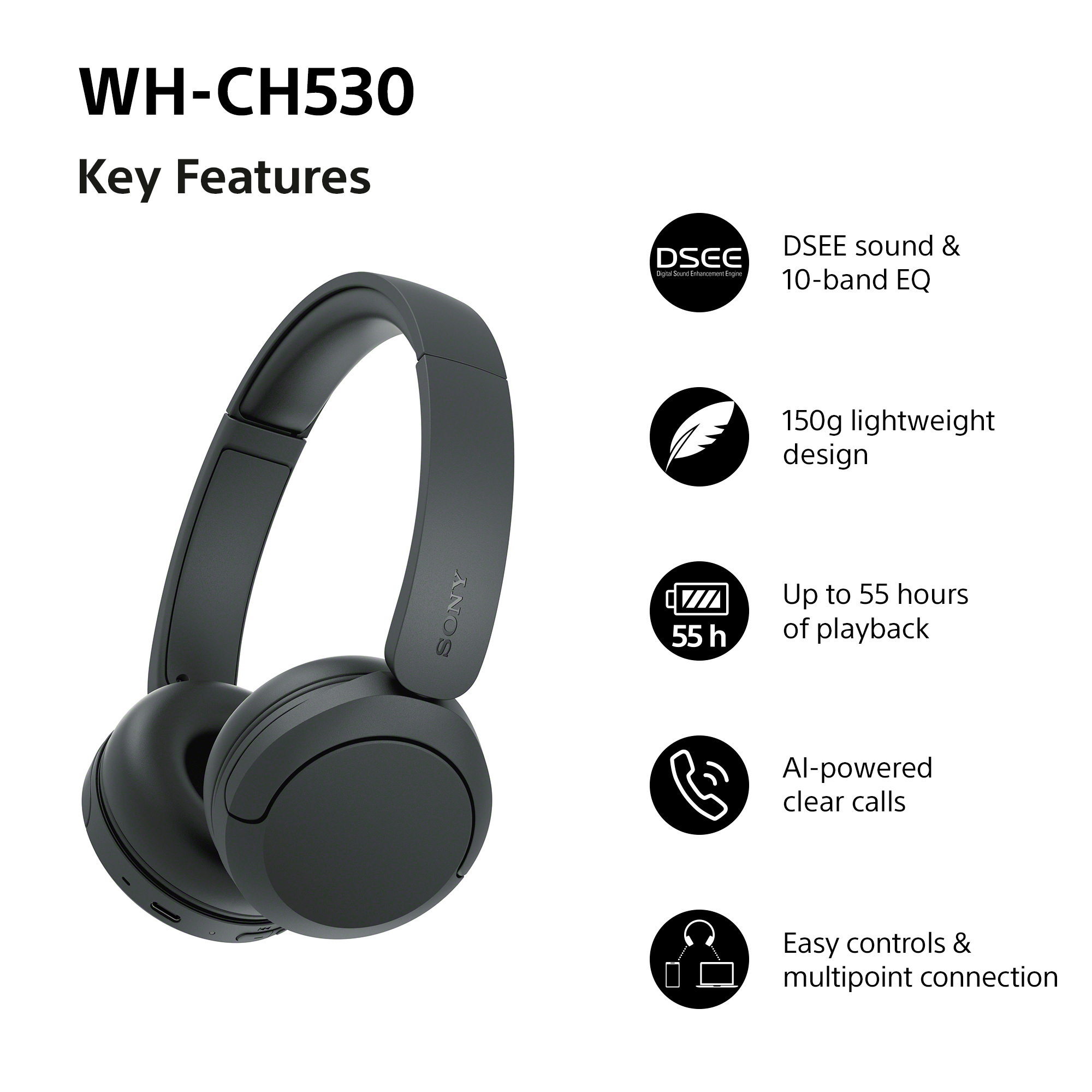 Sony WHCH530B.CE7 Wireless Over ear headphones - Black thumbnail image