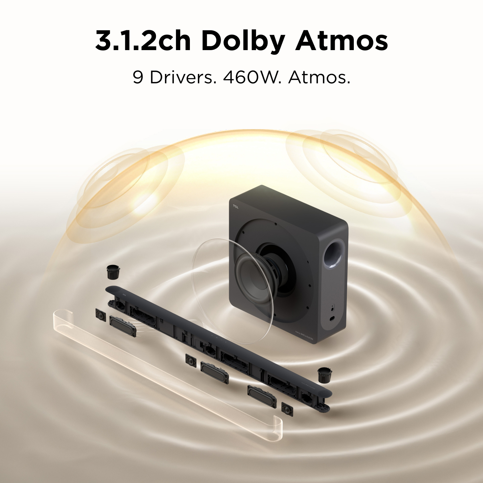 TCL A65K-UK 3.1.2ch Soundbar with wireless subwoofer, Audio by Bang & Olufsen, Dolby Atmos - Black thumbnail image
